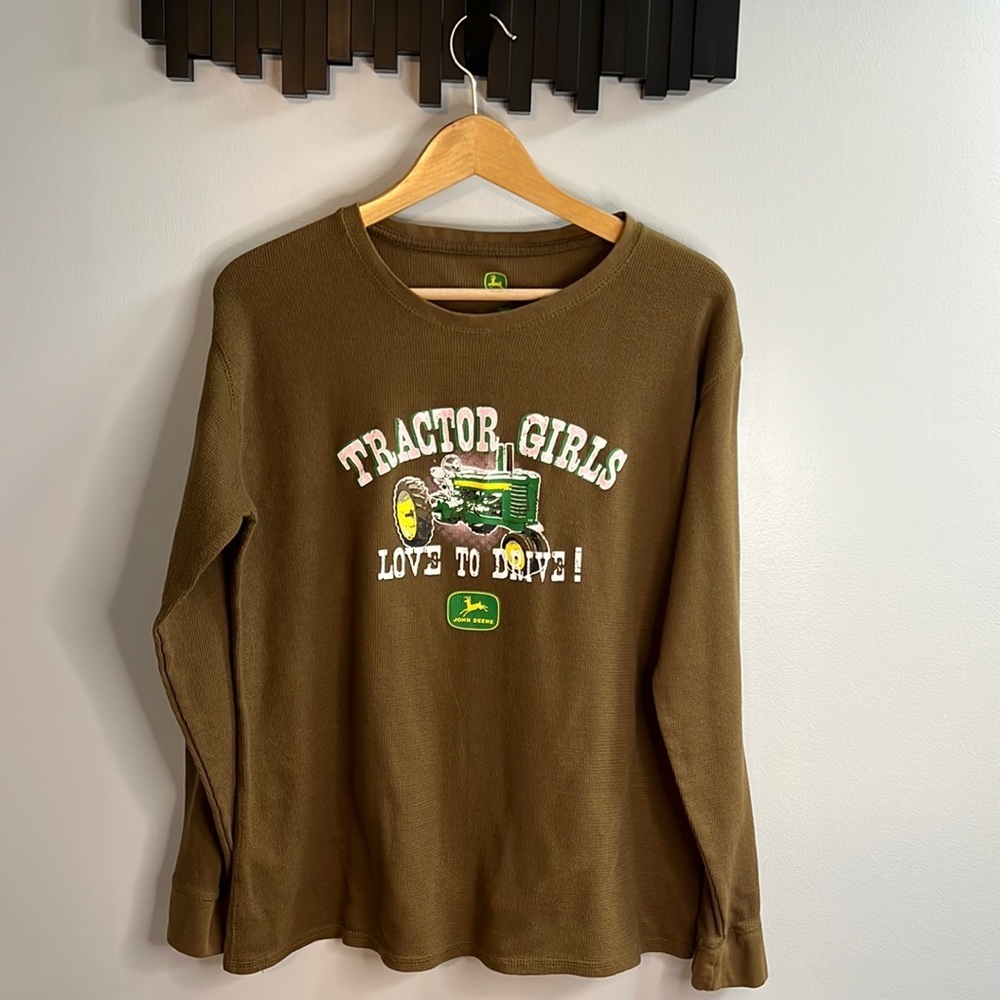 John Deere Tractor Girls Long Sleeve Waffle Knit T-Shirt Size XL